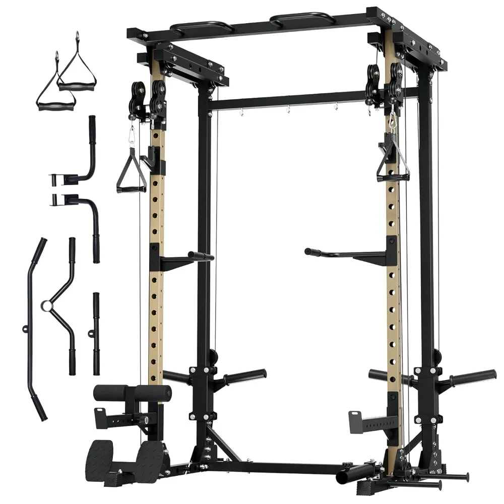 Multi-Function Home Gym Power Rack with Dual Pulley System, Pull-Up Bar & J-Hooks, Heavy-Duty Steel Frame, 2500lbs, Custom