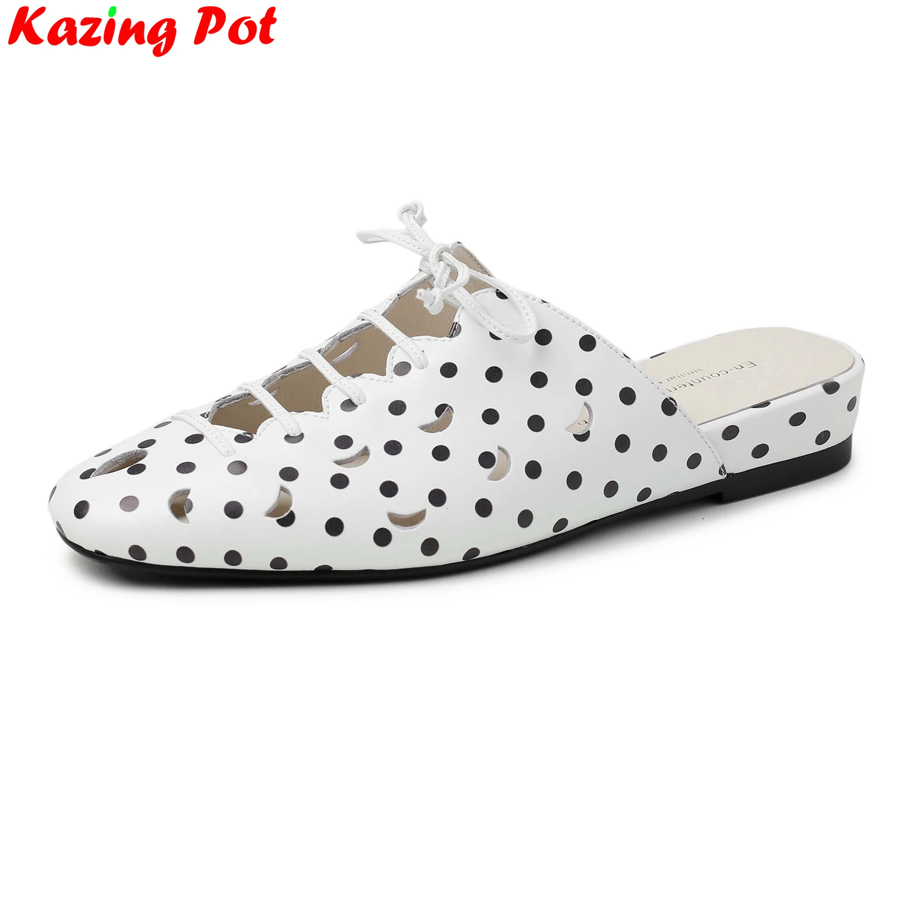 

Big Size Sheepskin Med Heels Chic Hollow Mules Summer Shoes Dating Slip On Casual Dress Polka Dot Slingback Brand Women Pumps