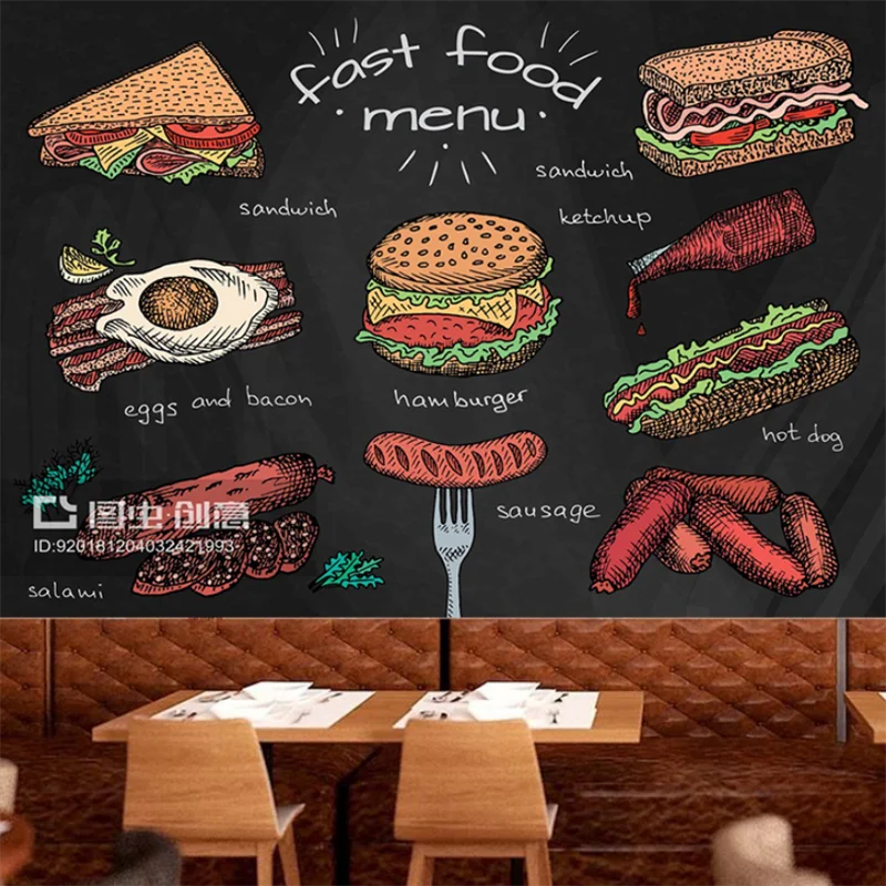 

Blackboard Hand-painted Sandwich Burger Wallpaper Mural Fast Food Restaurant Snack Bar Industrial Decor Wall Paper Papel Tapiz