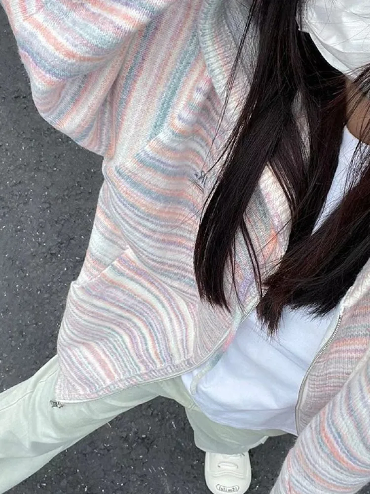 Japanese Y2k Rainbow Striped Kawaii Cardigans Women Autumn All Match Hooded Sweaters Loose Zipper Grunge Knitted Coat Pull Femme