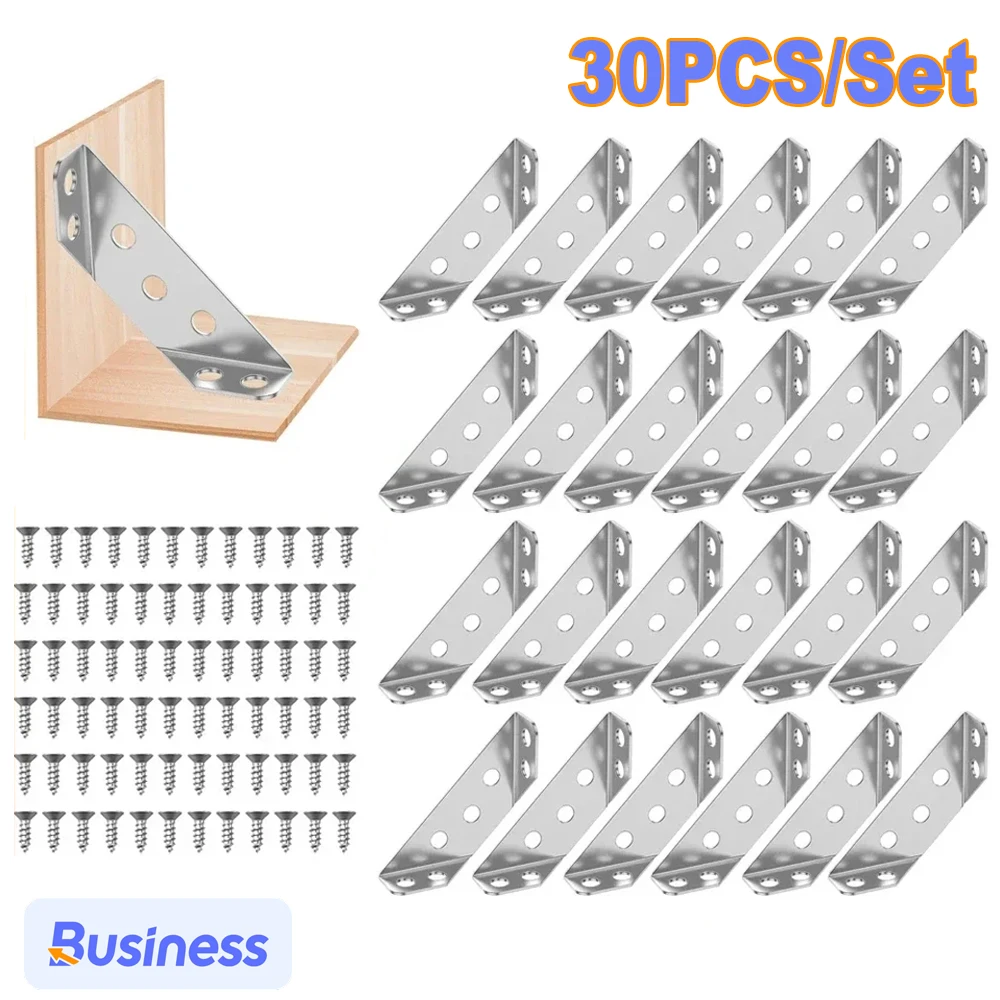 30Pcs Furniture Corner Connector Set Metal Trapeziform Angle Bracket Triangle Corner Brace Chair Drawer Shelf Joint Support