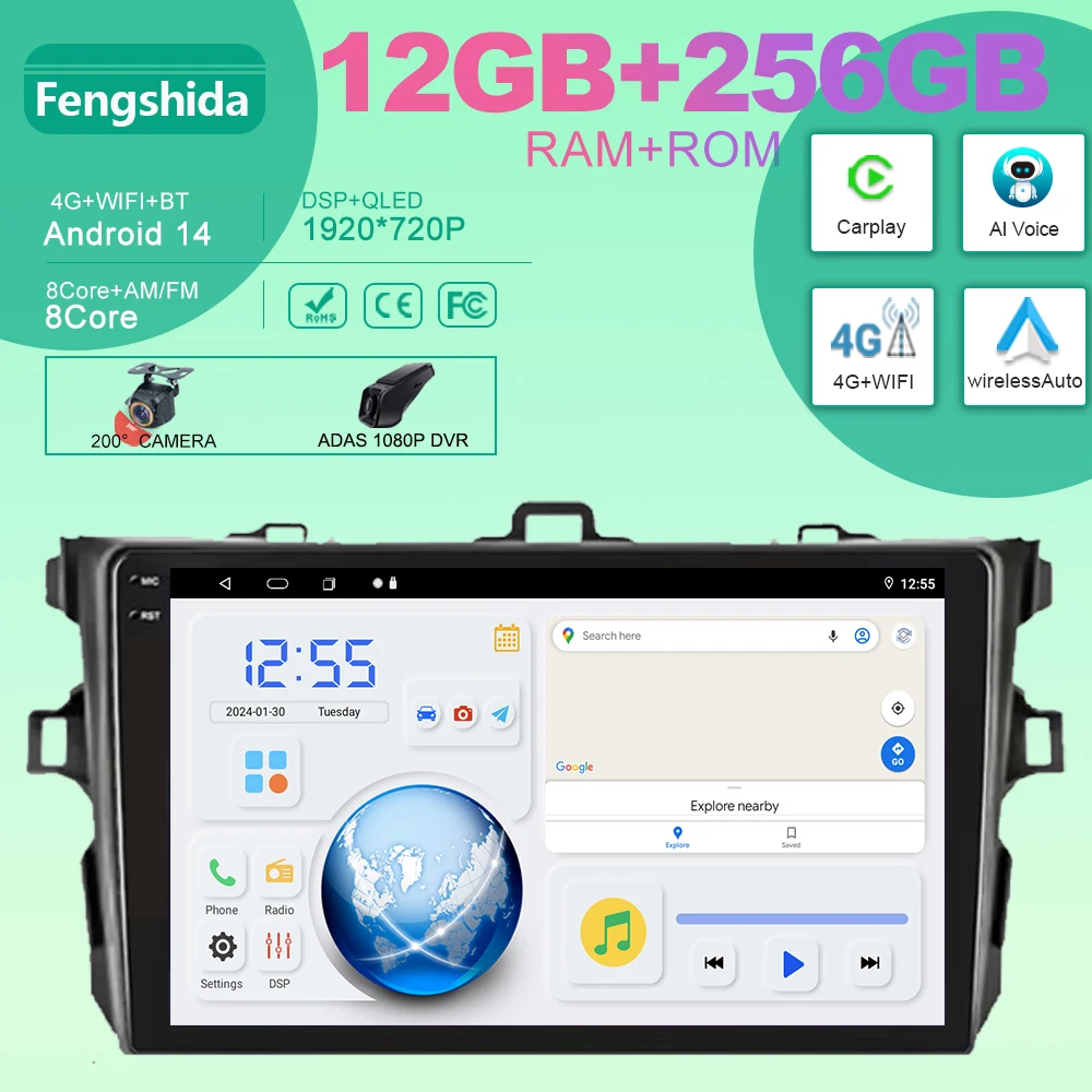 

9" Android14 Car Stereo Radio for Toyota Corolla E140/150 2007 2008 2009 2010 2011 2012 2013 Multimedia Player 2 Din DVD Speaker