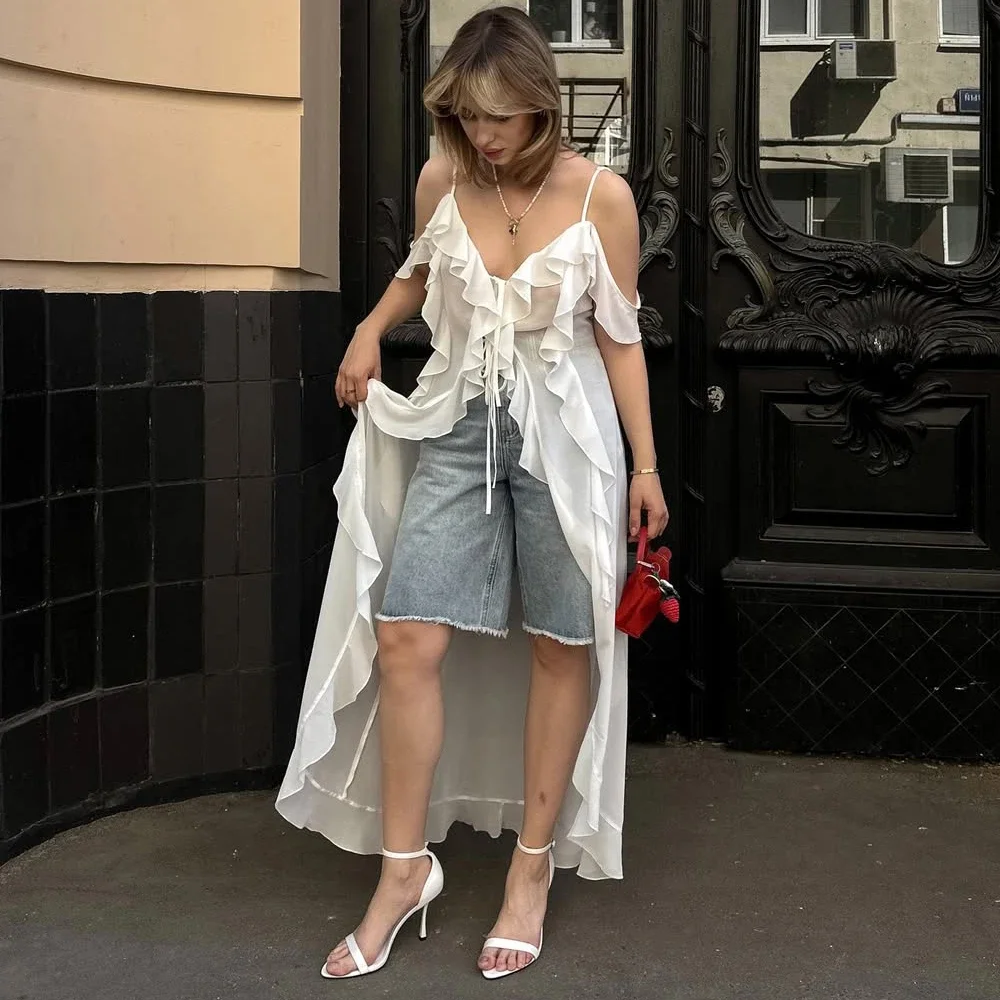 

Fmxires Ruffle Halter Dress Summer Sexy V Neck Lace-up Irregular Dress Female Fashion See Through Pleated Sleeveless Women Dress