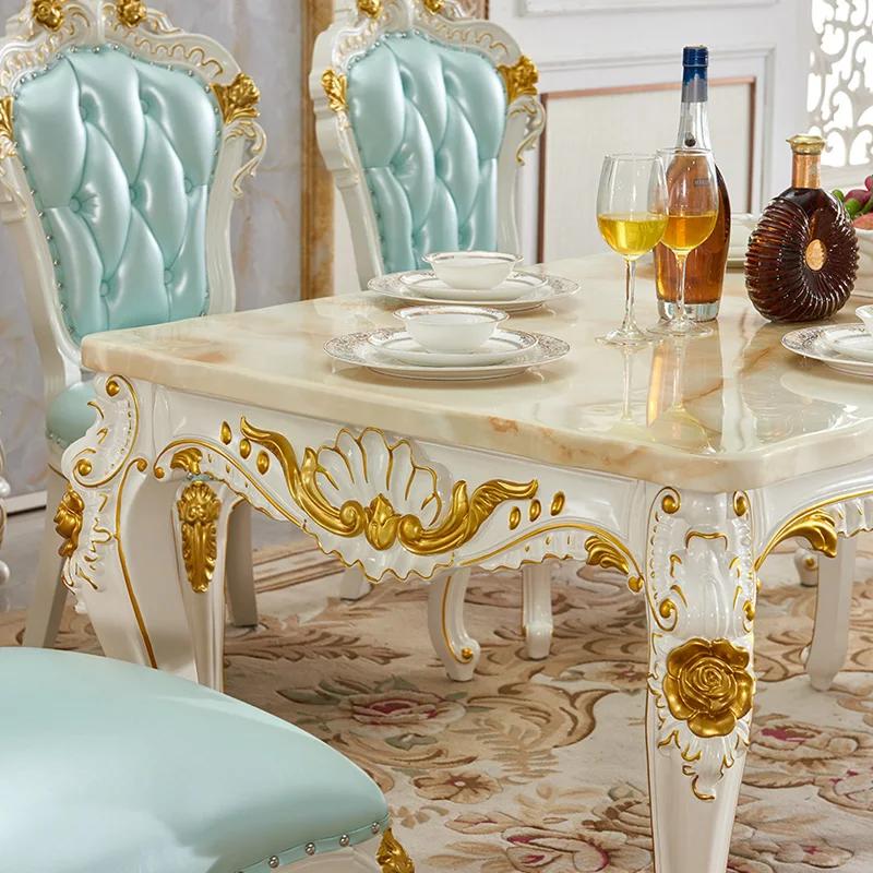 Dining room furniture European solid wood square table marble surface drawing gold square table villa set