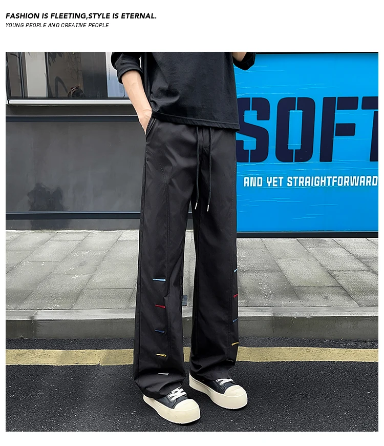 Bunte Herrenhose mit Ziernähten, weitem Bein, elastischem Bund, Kordelzug, lockerer, gerader Schnitt, lässige Streetwear-Sport-Hose – Detail 21