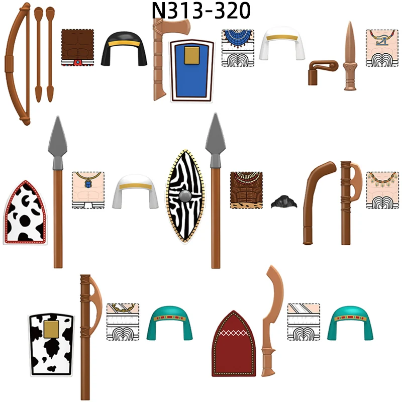 The N313-N320 Nubian Warrior Archer Pharaonic Guard Egyptian Pikeman Infantry Boomerang Slinger Model Blocks MOC Bricks Set Toys