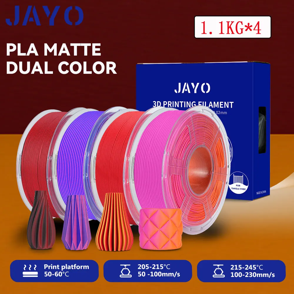 JAYO PLA Matte 3D-filament 1,75 mm 4 rollen / set Dual Color PLA Matter Effect 3D-printerfilament 2 in 1 kleur 3D-printmaterialen