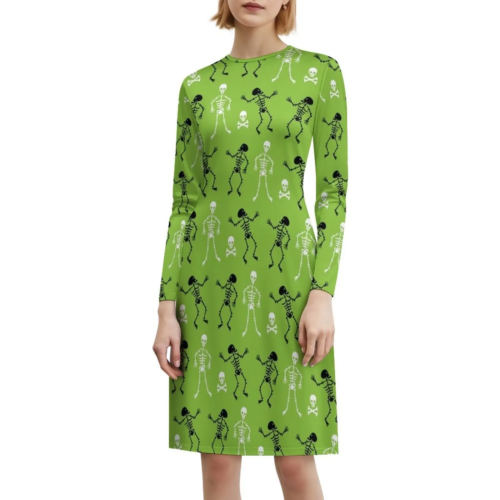 Gaun Tanpa Lengan Bohemian Pola Kerangka dan Tengkorak Halloween untuk Wanita Gaun Pesta Pantai Cetak Kelelawar Vampir Halloween