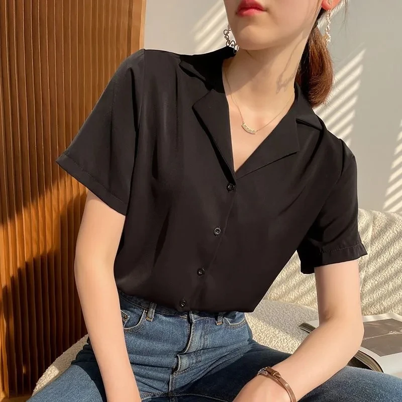 

Black Chiffon Shirts For Women Spring NEW Solid Short Sleeve Shirts Korean Fashion Ladies Blouse Simple Female Clothing Tops