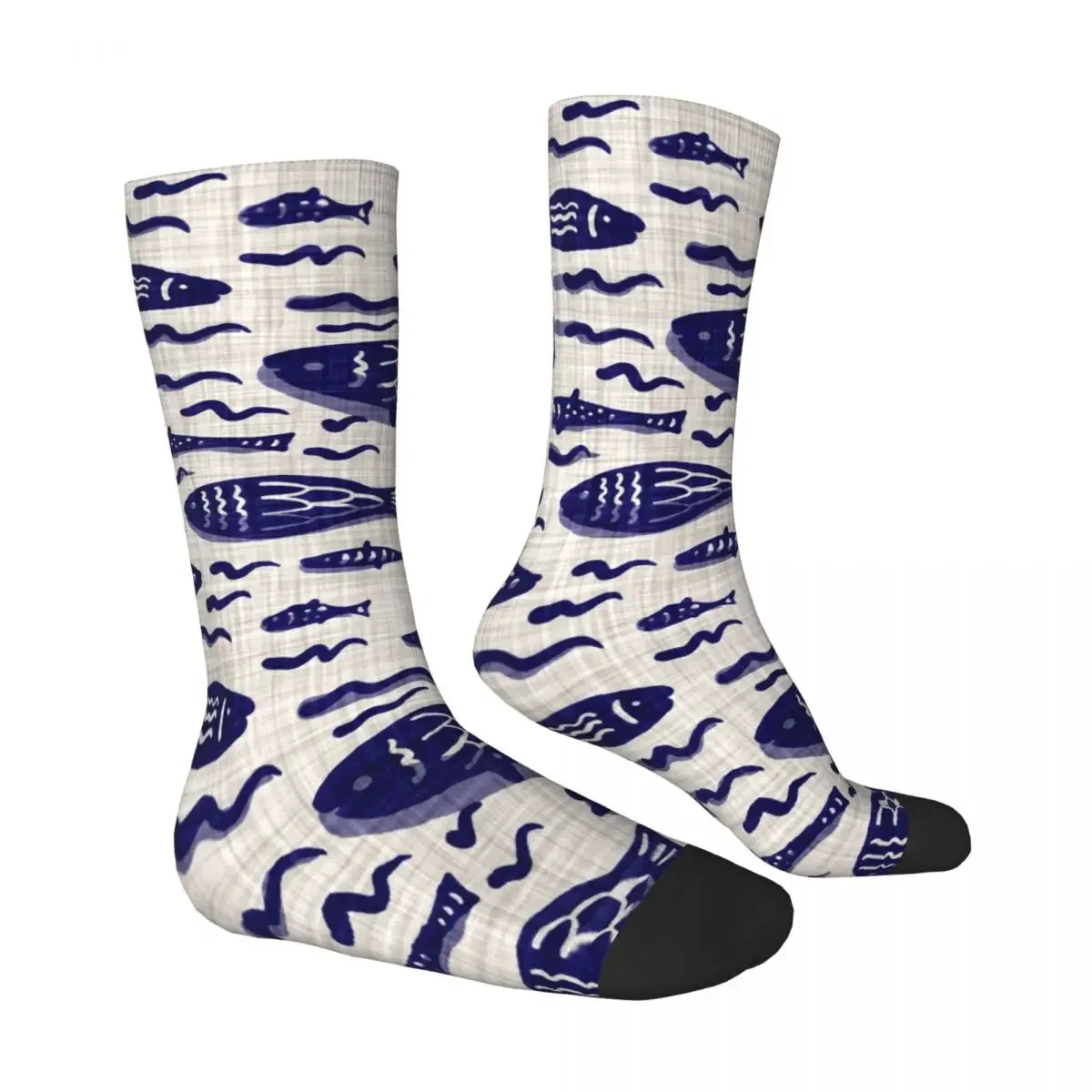 Kaus Kaki Gila Lucu untuk Pria Ikan Biru Di Atas Krim Linen Hip Hop Vintage Pola Mulus Dicetak Kaus Kaki Kru Anak Laki-laki Hadiah Kasual