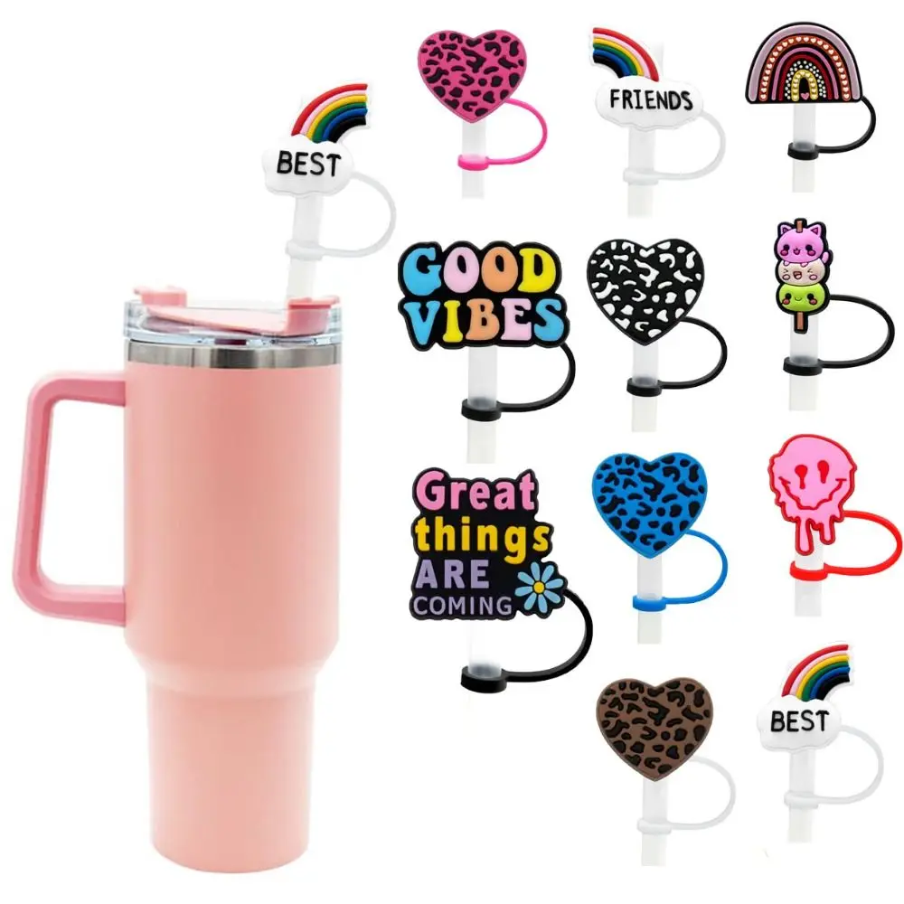 2pcs Dustproof Leopard Print Heart Straws Tips Reusable Splash Proof Rainbows Straw Toppers Silicone Straw Cap Valentines Day