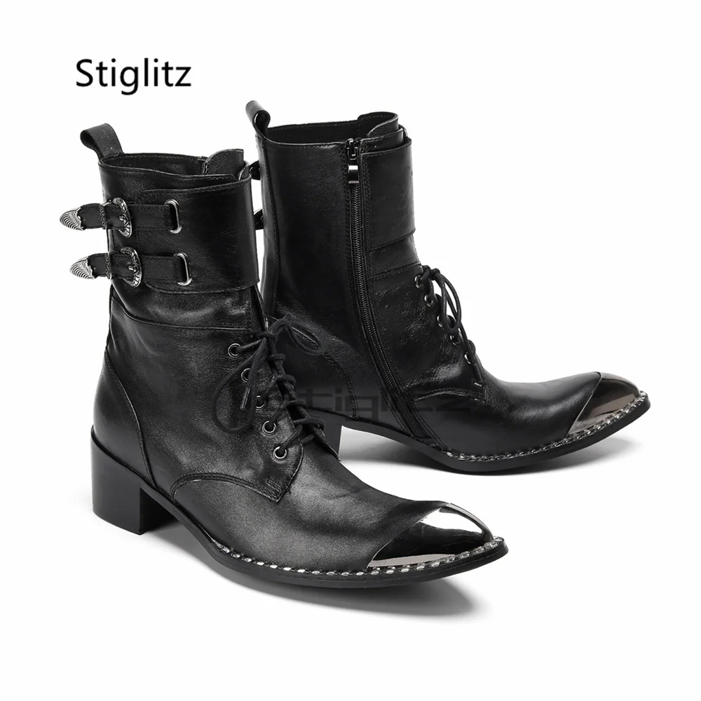 

Lace Up Motorcycle Boots for Men Metal Pointed Toe Belt Buckle Genuine Leather Short Boots British Style Business Dress Shoes