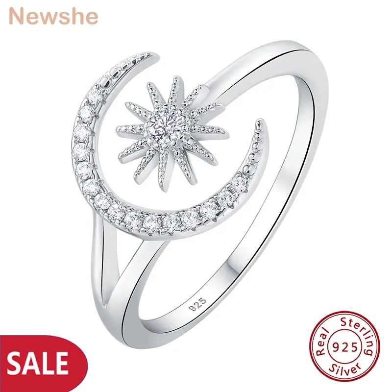 

Кольца Newshe из стерлингового серебра 925 пробы для женщин, луна и звезда, кубический циркон, милые ювелирные изделия, подарок на годовщину, распродажа