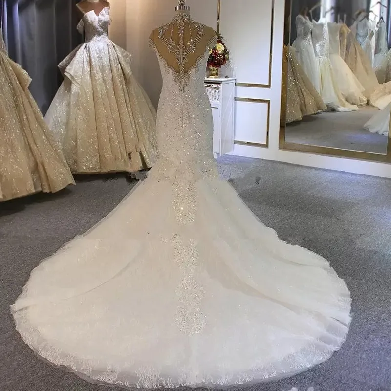 2024 Arabische Dubai Zeemeermin Trouwjurk Hoge Hals Kristallen Kralen Appliques Bruidsjurken Customed Vestidos De Noiva