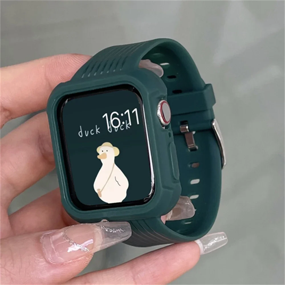 Streep Sport Matte Band + Hoesje Voor Horloge 44 45 49 42Mm 40/38 Voor Iwatch 7 8 6 5 Se 41 Siliconen Vrouwen Doorzichtige Armband