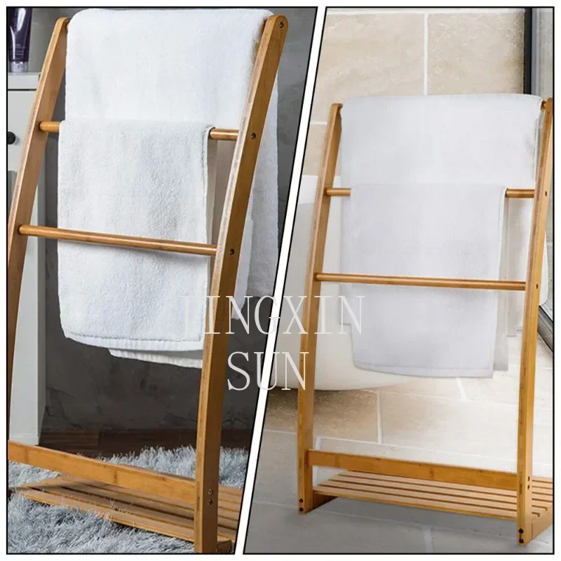 Natural Bamboo Bathroom Shelf Nordic Landing Storage Shelves Three-layer Design Towel Holder Practical Versatile Clothes Hanger