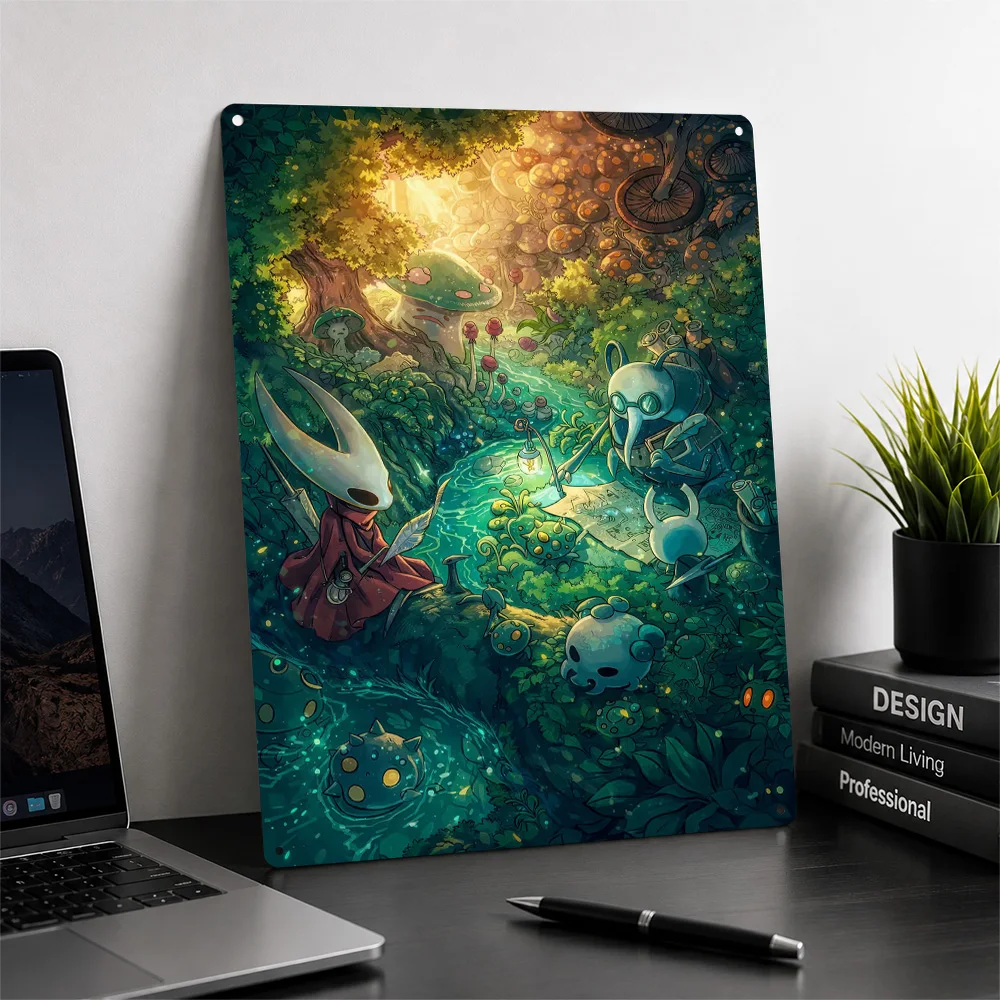 Hollow Knight Characters in a Forest Stream Personalized 3D Textured Metal Poster Wall Art Tinplate Sign for Wand Deko Decor Tin