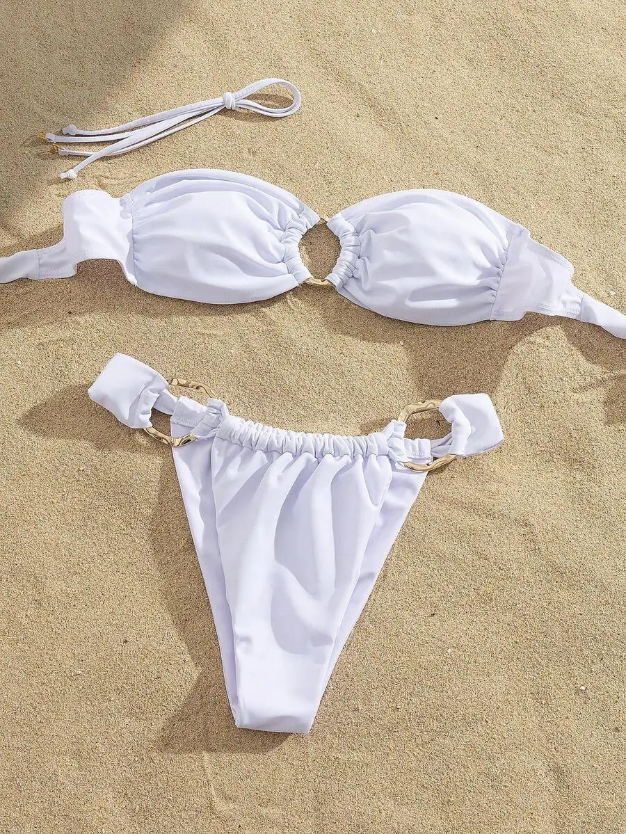 

Women Solid Color Bandeau Bikini Set With Tie Back High Stretch Fabric For Beach Party Festival