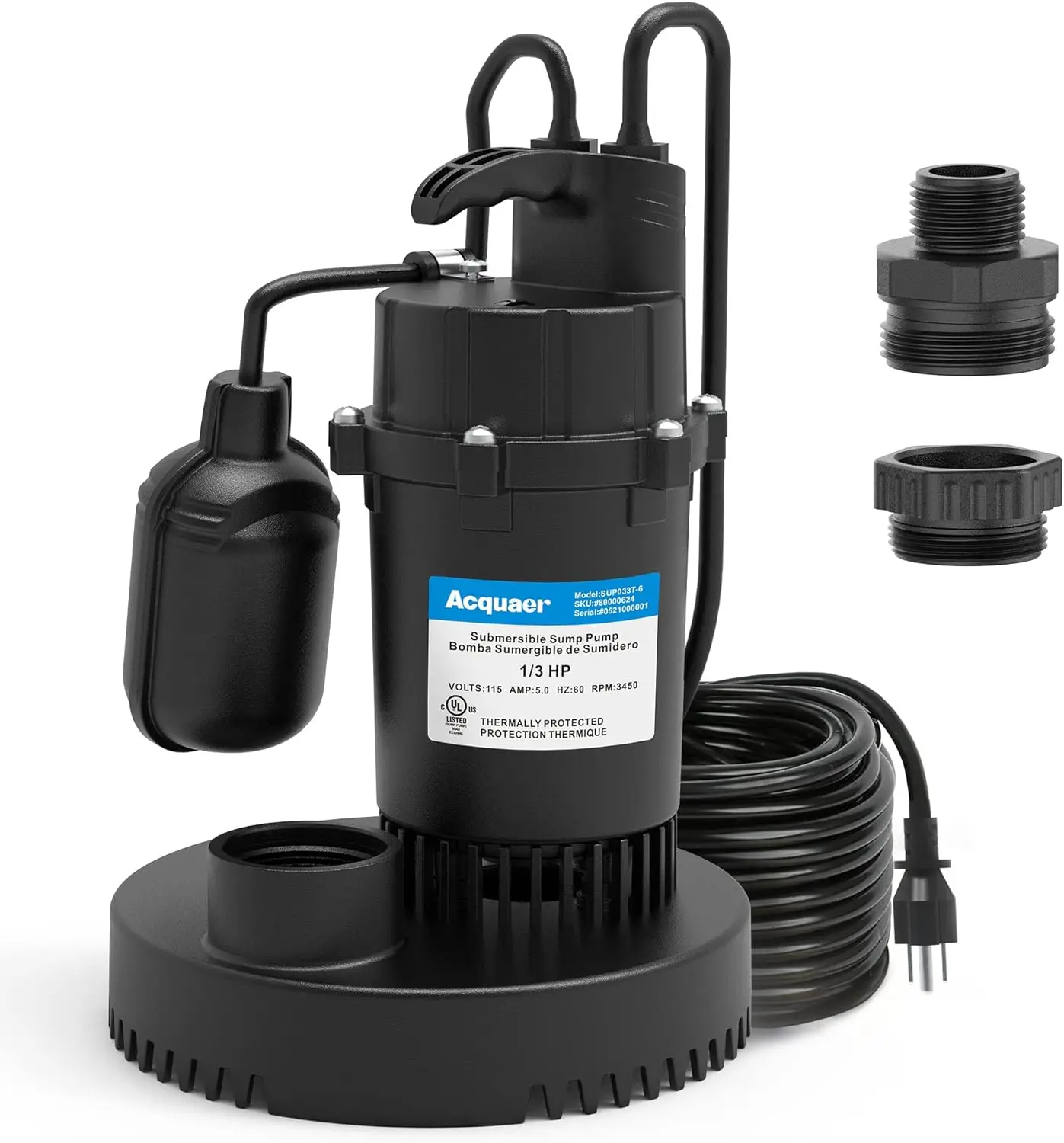 1/3HP Sump Pump, 3040GPH Submersible Clean/Dirty Water Pump with Automatic Float Switch and 10ft Power Cord Sub Pump