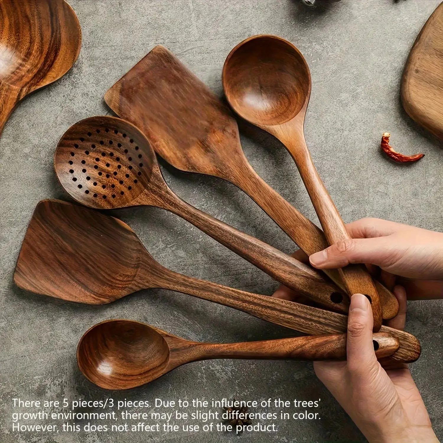 Natural Teak Wooden Kitchen Utensils Set, Non-Stick Wood Cooking Spoons & Spatulas, Heat Resistant Cookware for Non-Stick Pans, Eco-Friendly for Stirring, Frying, Baking