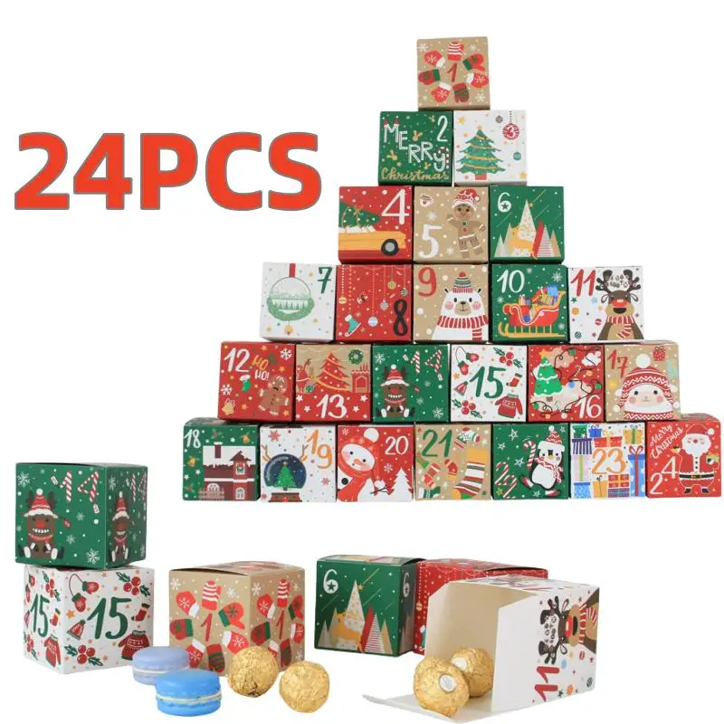 24pcs/set Christmas Advent Calendar Box Kraft Paper Candy Box 24 Days Countdown to Xmas Gift Boxes Navidad New Year Decorations