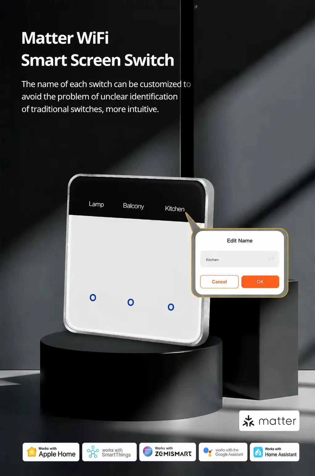 Zemismart Matter WIFi EU DIY Namensschalter mit Bildschirmunterstützung Homekit Google Home Smartthings Home Assistant Control – Detail 1