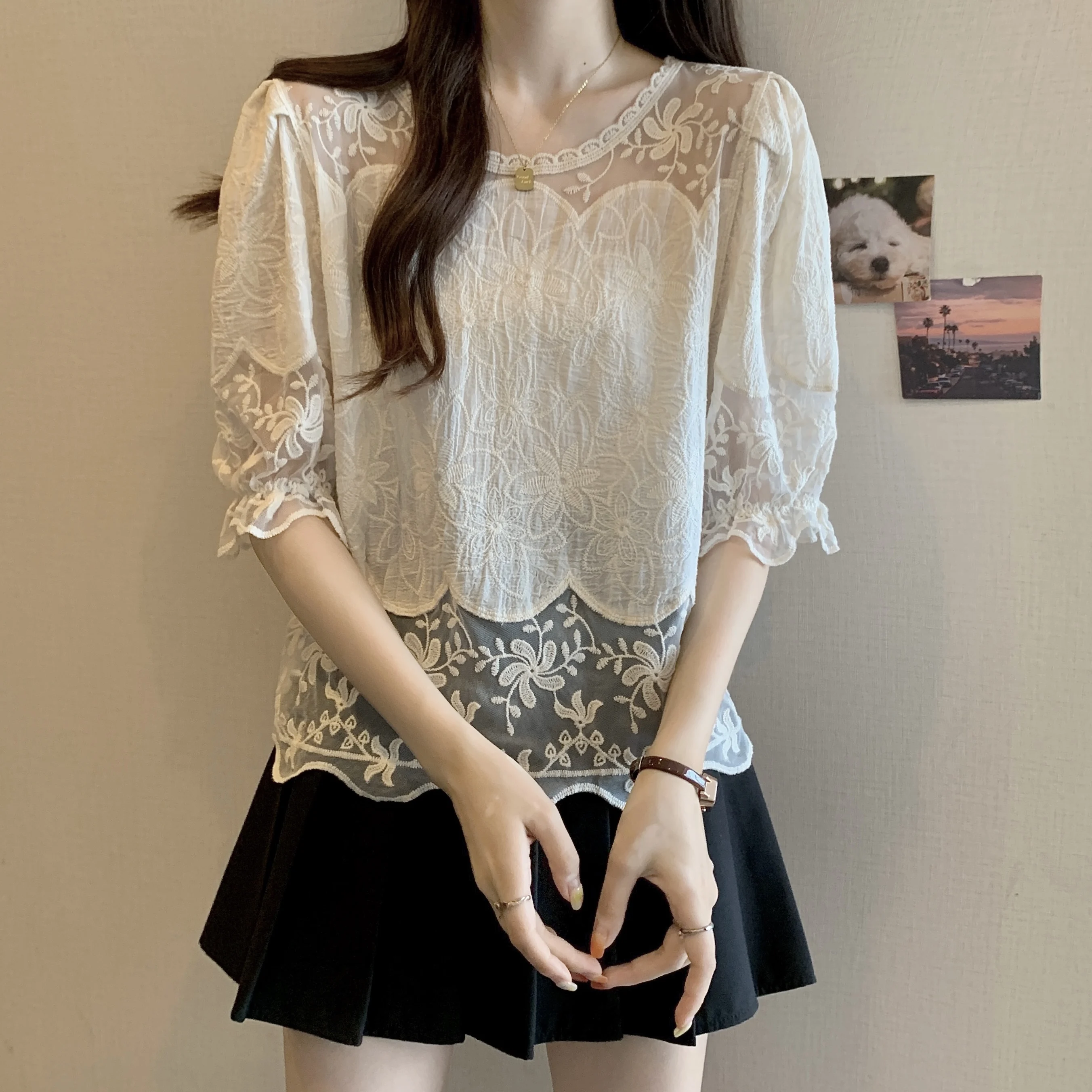 Sheer Floral Embroidery Lace Top Puff Sleeve Blouse for Women Spring Summer Korean Fashion Chic Outfit