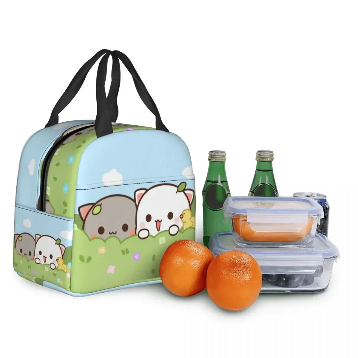 

Peach And Goma Insulated Lunch Bags for Work School Picnic Cartoon Mochi Cat Leakproof Cooler Thermal Lunch Box Women Kids