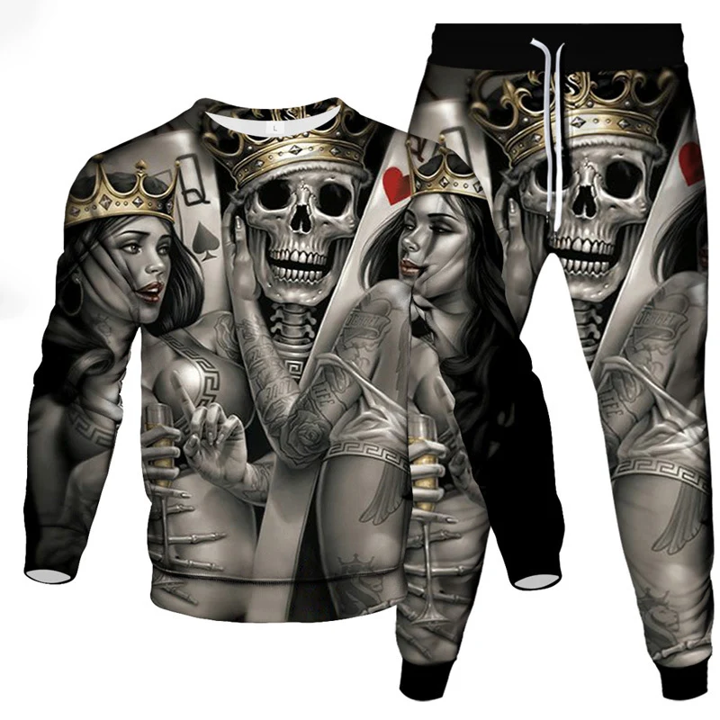 Fashion Autumn Poker 3D Print Men\'s Sportswear Set Casual Long-Sleeved T Shirt Pants 2-Piece Set Oversized Pullover Men Clothing