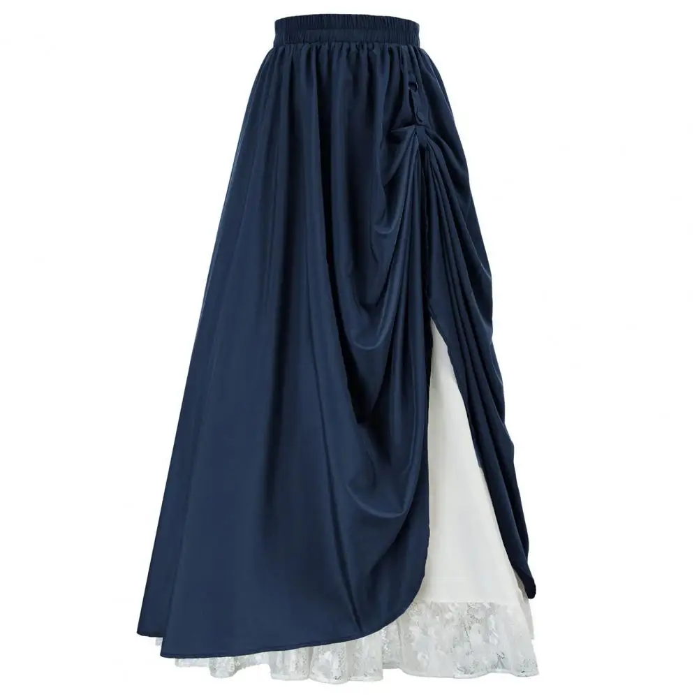 

Elastic Lace High Waist Boho Maxi Skirt Lace Stitching Side Pleated A-Line Long Skirt Elegant Casual Solid Women's Pleated Skirt