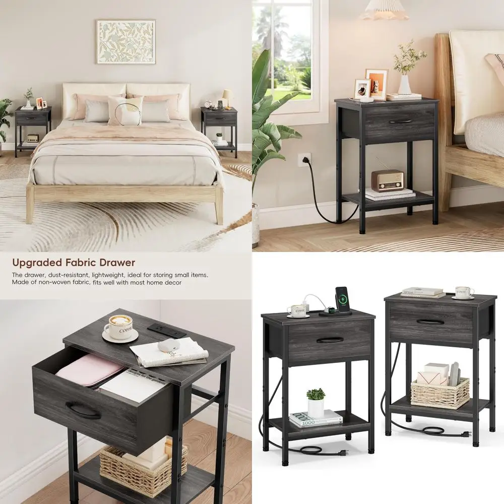 

Комплект из 2-х прикроватных тумбочек с зарядной станцией, тканевыми ящиками, высотой 25,4 дюйма, отделка черный дуб, для спальни или гостиной