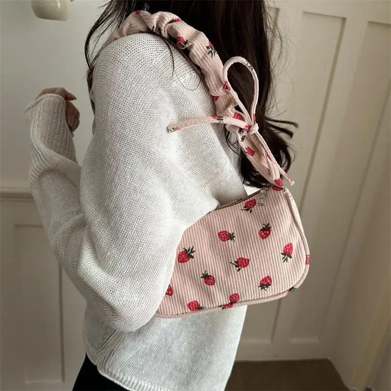 Functional and Stylish Corduroy Strawberry Print Underarm Bag for Everyday Wear