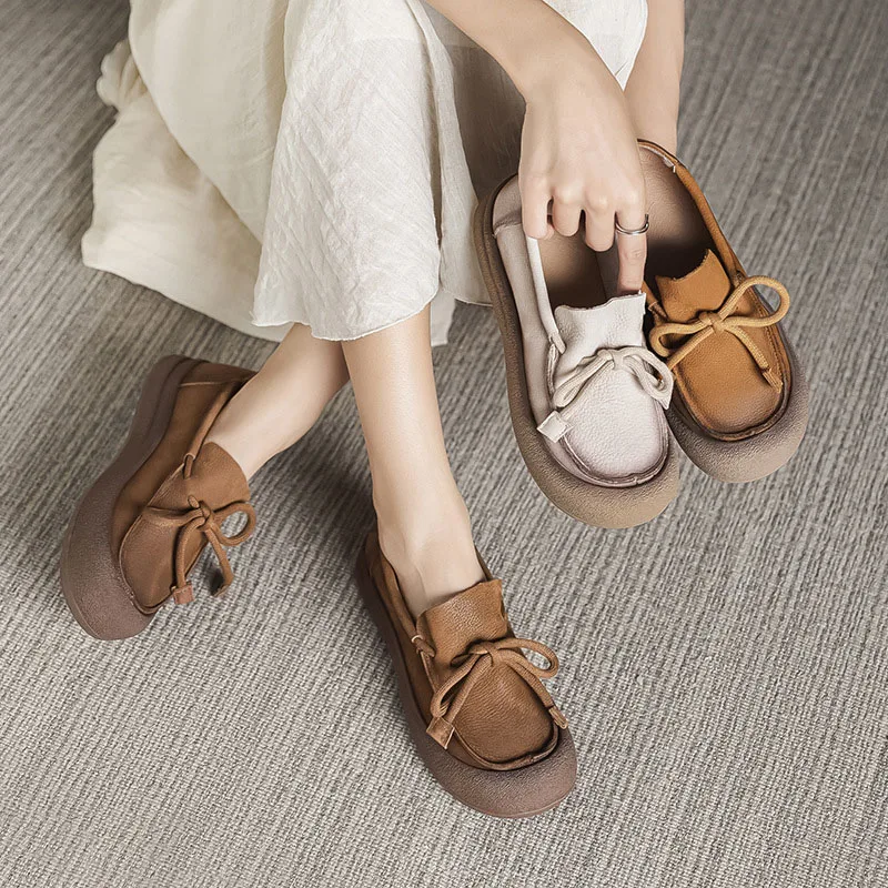 

XMWRLW Genuine Leather Handmade Shoes For Women Spring Autumn Loafers Retro Style Ladies Slip on Flat Shoes Loafers Women Shoe