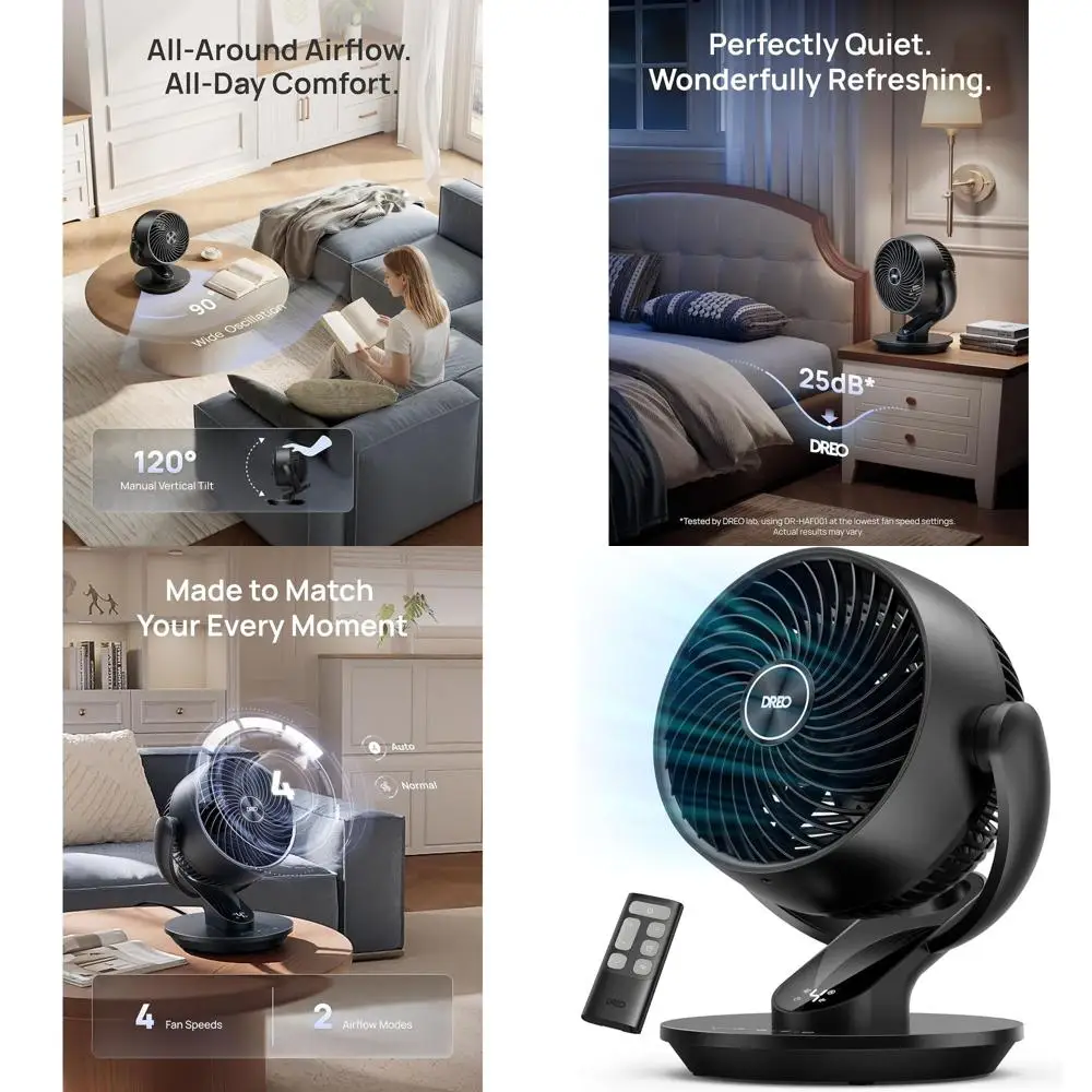 

13-Inch Oscillating Air Circulator Fan for Bedroom or Whole Room, 120° Adjustable, Ultra-Quiet 25dB, Powerful 75W Airflow, 4 Spe