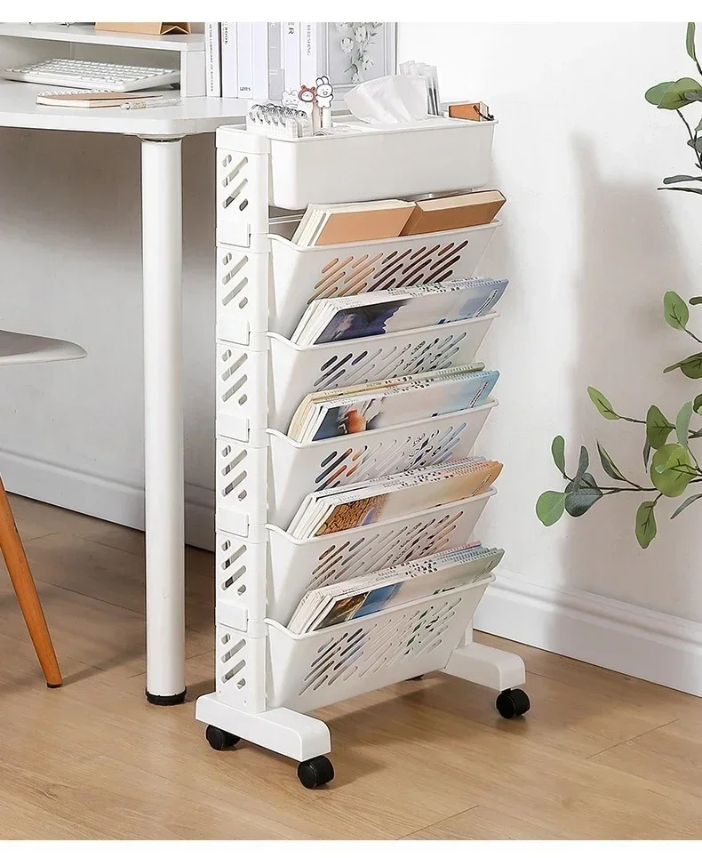 Multi-layer movable bookshelf dormitory book and magazine storage basket on wheels