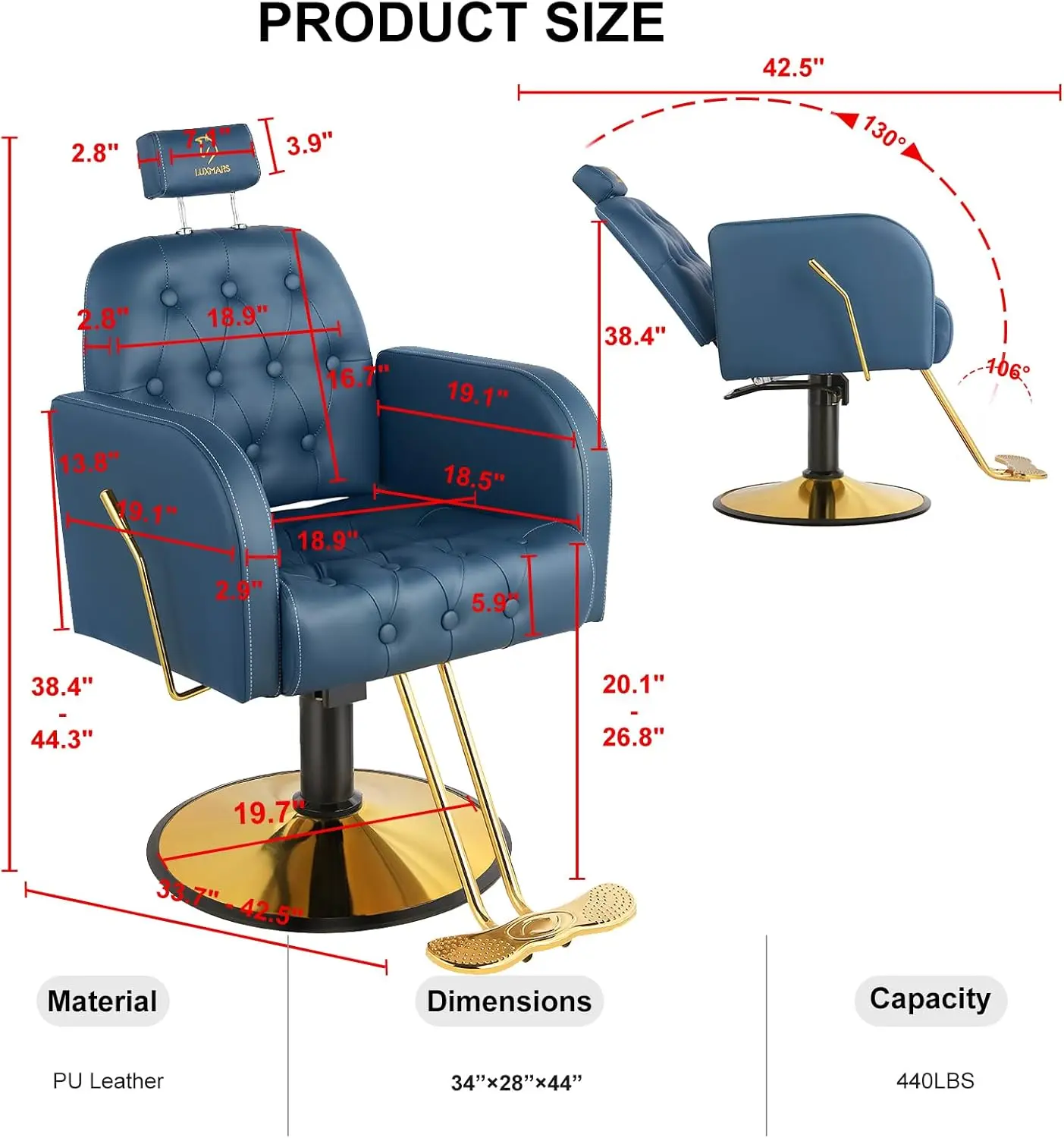 Silla de salón giratoria de 360 grados, sillón reclinable, ergonómico, marco de acero inoxidable, carga máxima de 330 libras, diseño clásico