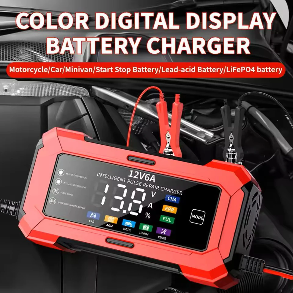 Carregador e manutenção de bateria inteligente 12V 6A com display LCD |   Plugue UE, para carros, caminhões, motocicletas, bateria não incluída