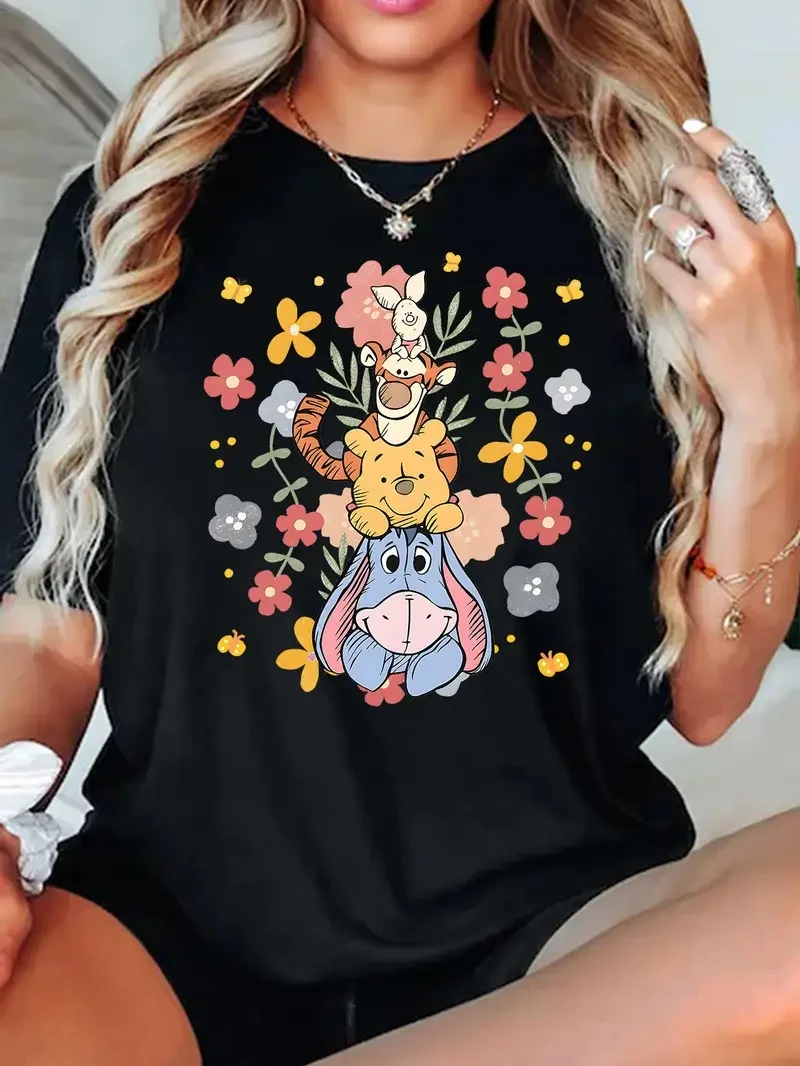 

2025 Disney Pattern Printed Women's Casual Comfortable Unique Smiling Face Black Round Neck Short Sleeve T-shirt