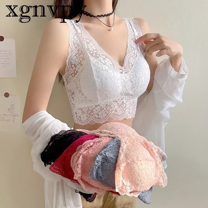 

xgnvpy Women's V Neck Sexy Lace Bralette Wireless Camisole Padded Crop Top Sleeveless Vest Feminine Bralette Top Undergarment