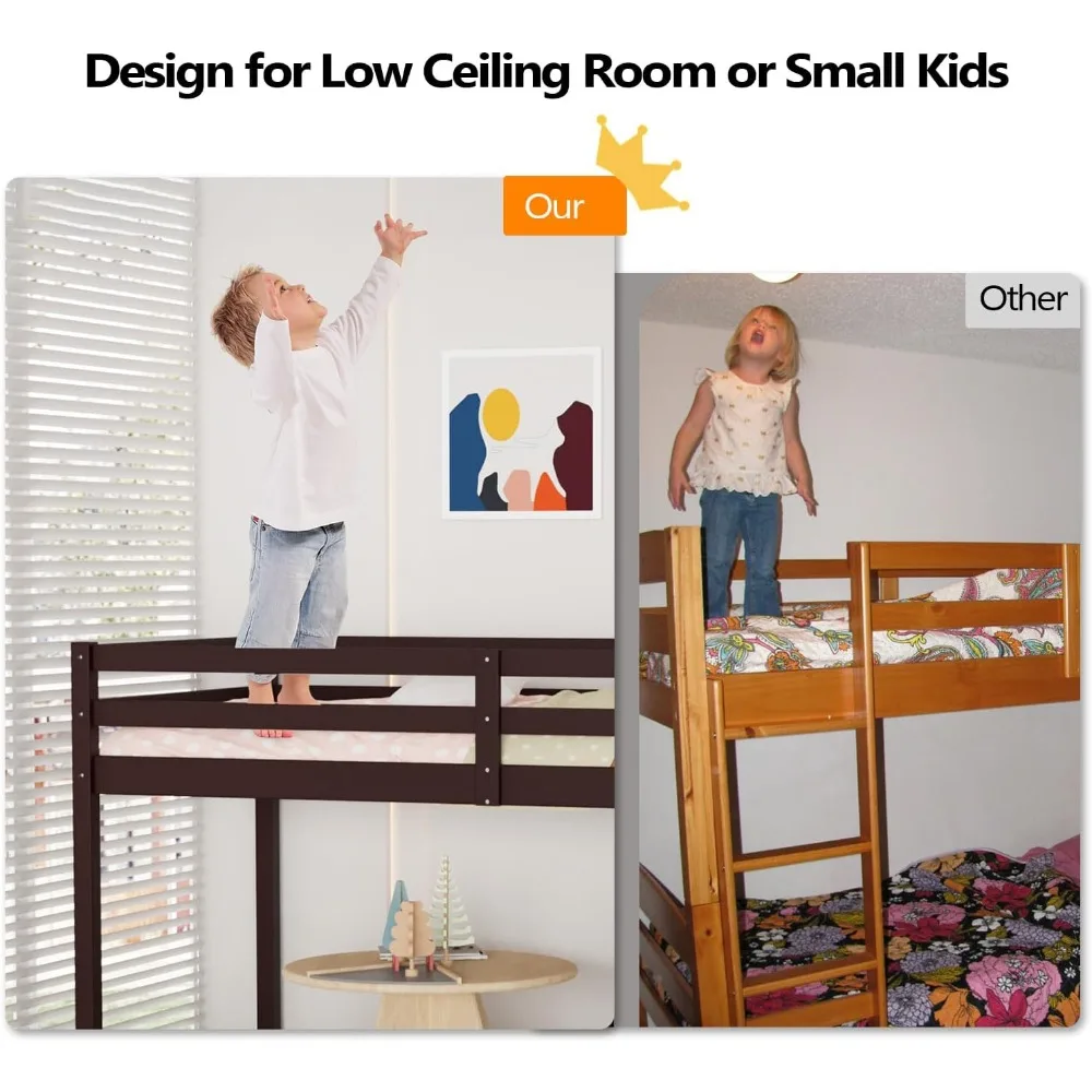 47'' Tall Junior Low Loft Bed with Stairs,Wood Loft Bed Twin Size for Adults,Kids and Young Teens,Wood Slat Support,Children bed