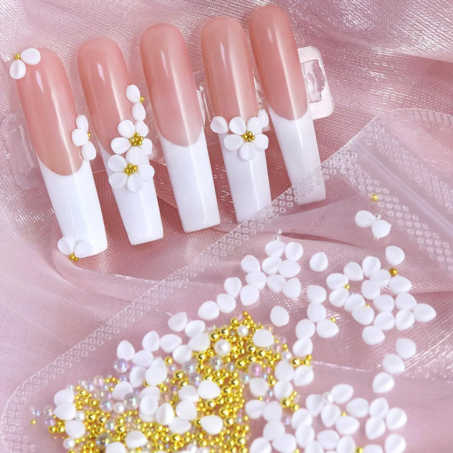 150 Uds. Pétalos de talla rosa 3D, dijes de flores para uñas, pétalos de resina, perlas doradas, cuentas de Caviar, accesorios para uñas DIY, No se requiere dibujo #