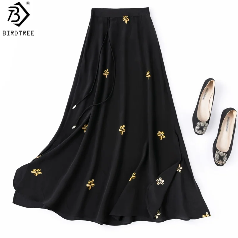 Birdtree, 100% Real Silk Printed Skirt, Women Double Crepe Side Slit Zipper Skirts, Elastic Waist, 2026 Summer New D66127JF