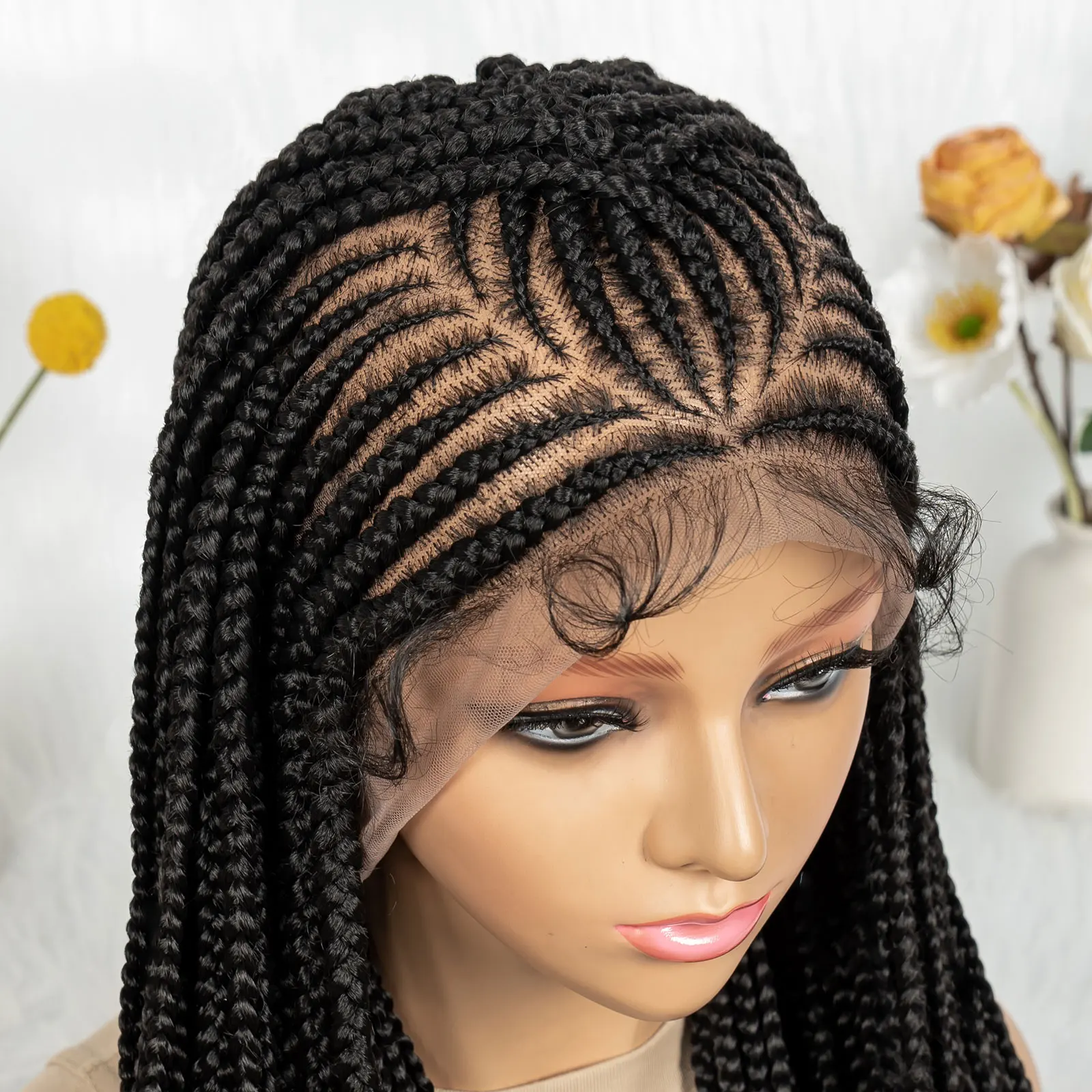 Peruki z warkoczykami Cornrow, peruki full lace z baby hair, syntetyczne peruki do zaplatania, 34 cale, transparentne peruki w stylu bohemy z warkoczykami dla kobiet