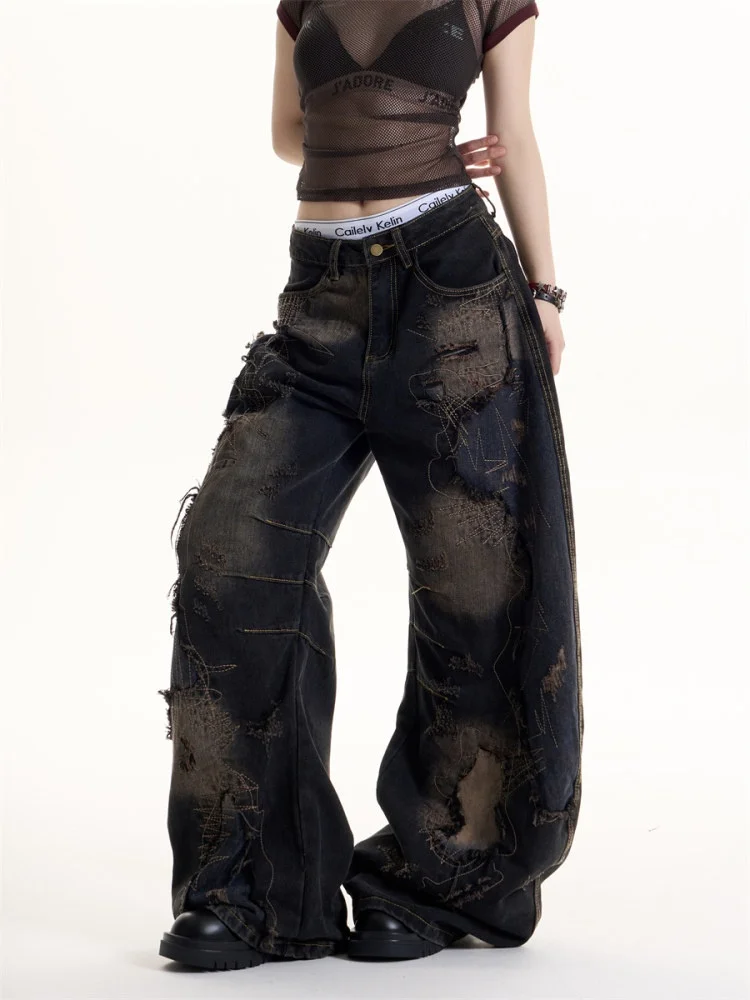 American High Street Spicy Girl Style Loose Fit Tie Dye Hole Denim Pants Vintage Loose Slim Casual Wide Leg Pants Unisex Trendy