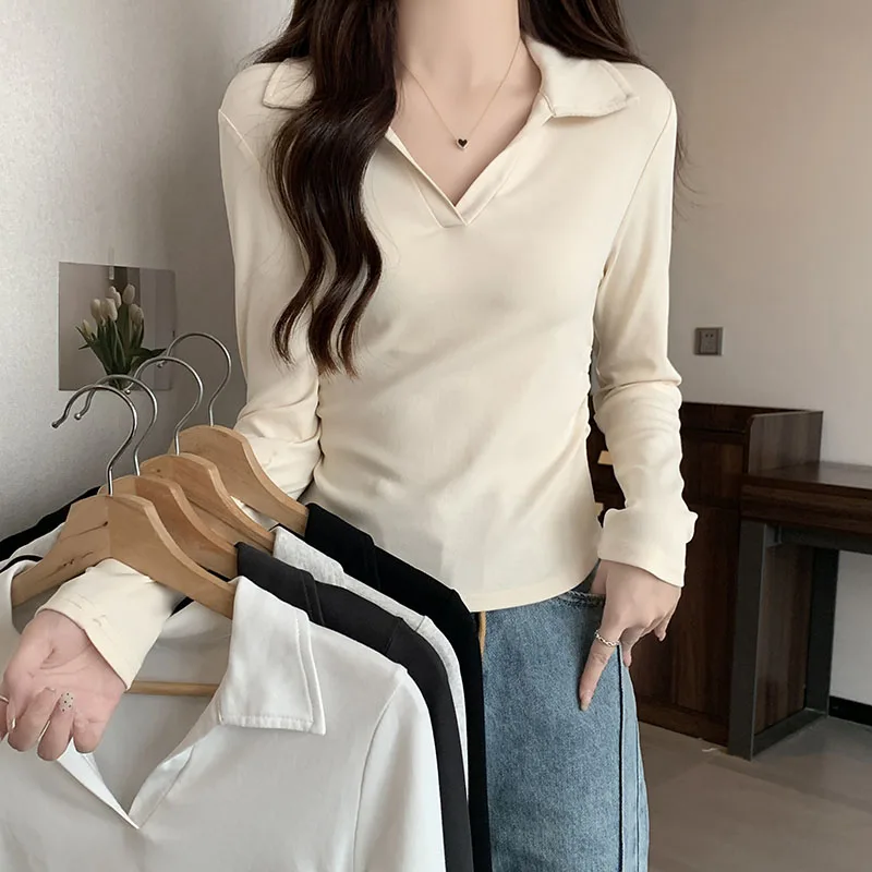 

Женская футболка с длинным рукавом и воротником-поло на весну и осень, модель 2023 года, с плиссированной талией, американский хлопковый короткий топ с открытыми плечами