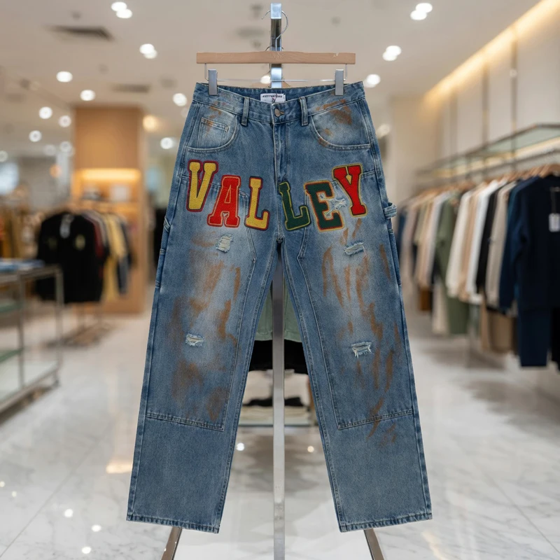 

American Style Letter Embroidery High-quality Washed Relaxed Multi-pocket Vale Denim Trousers