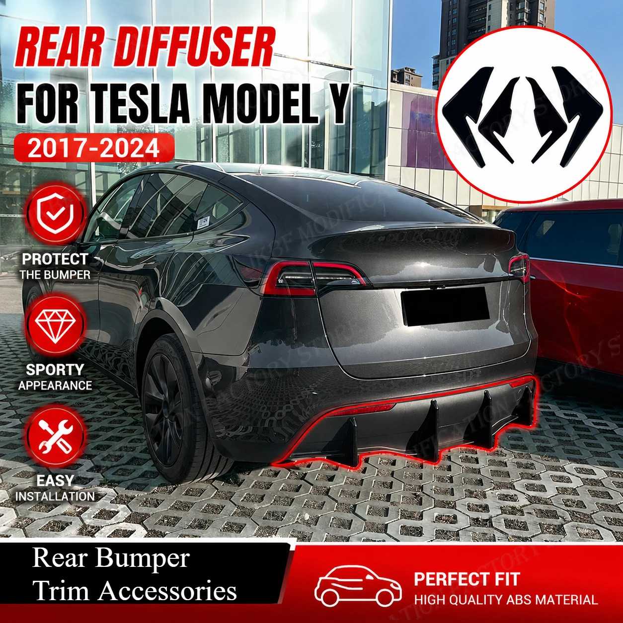 

4Pcs Rear Bumper For Tesla Model Y 2017-2024 Auto Rear Diffuser Aerodynamic Body Kits Canards Splitter Trim AccessoriesTuning