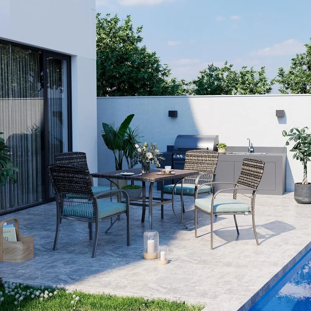 طقم طعام فناء مكون من 5 قطع مقاوم للطقس باللون الأخضر مع طاولة وكراسي من الروطان PE، وسائد مريحة، سهلة الصيانة