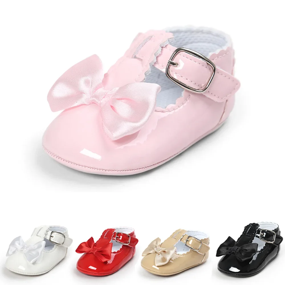 Bébé mignon arc princesse robe chaussures en cuir PU couleur unie fond souple premier enfant en bas âge chaussures 0-18 mois nouveau-né bébé chaussures fille