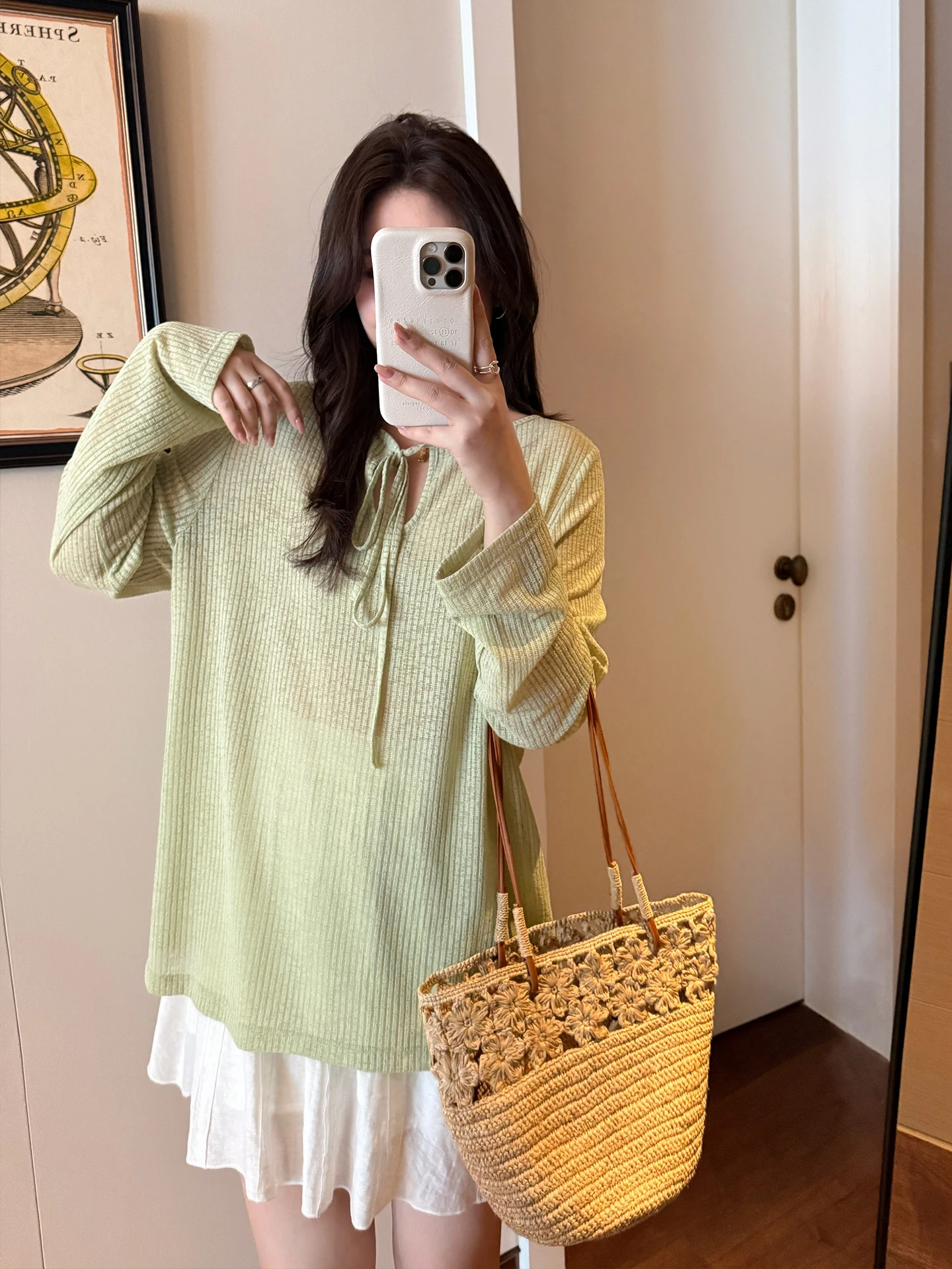 

plus Size Women's Texture Sensation Thin Mist Monet Two-Way Wear Fatty Sister Casual Loose Fit Long Sleeve round Neck T-Shirt